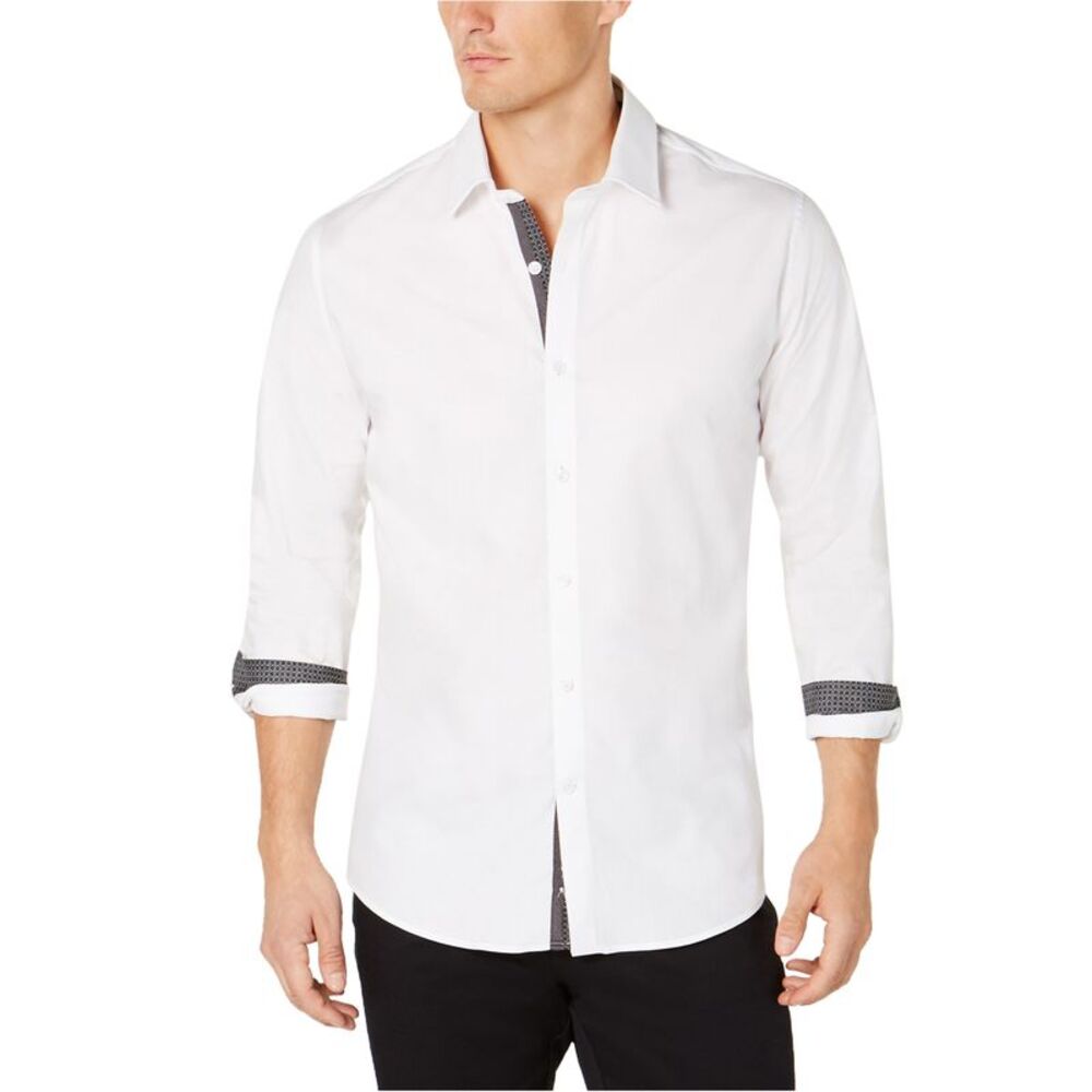 Ryan Seacrest Mens Contrast Trim Button Up Shirt, White, M Neck, DM